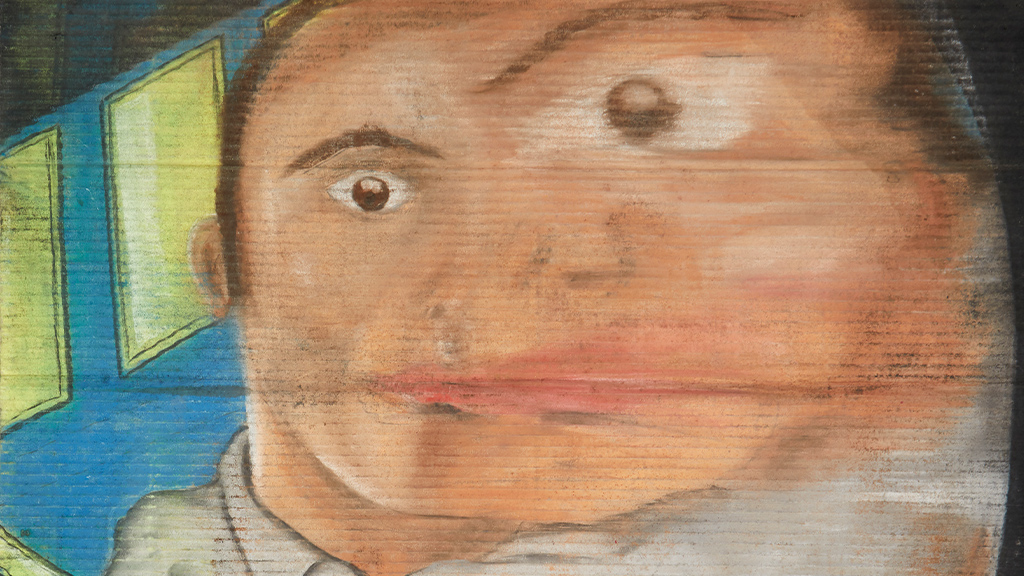 'Self-portrait in a Blue Room' by Stephen Reding (2006). Chalk pastel, charcoal pencil. Featured in the book HIT: Once Upon a Field by James Walker.